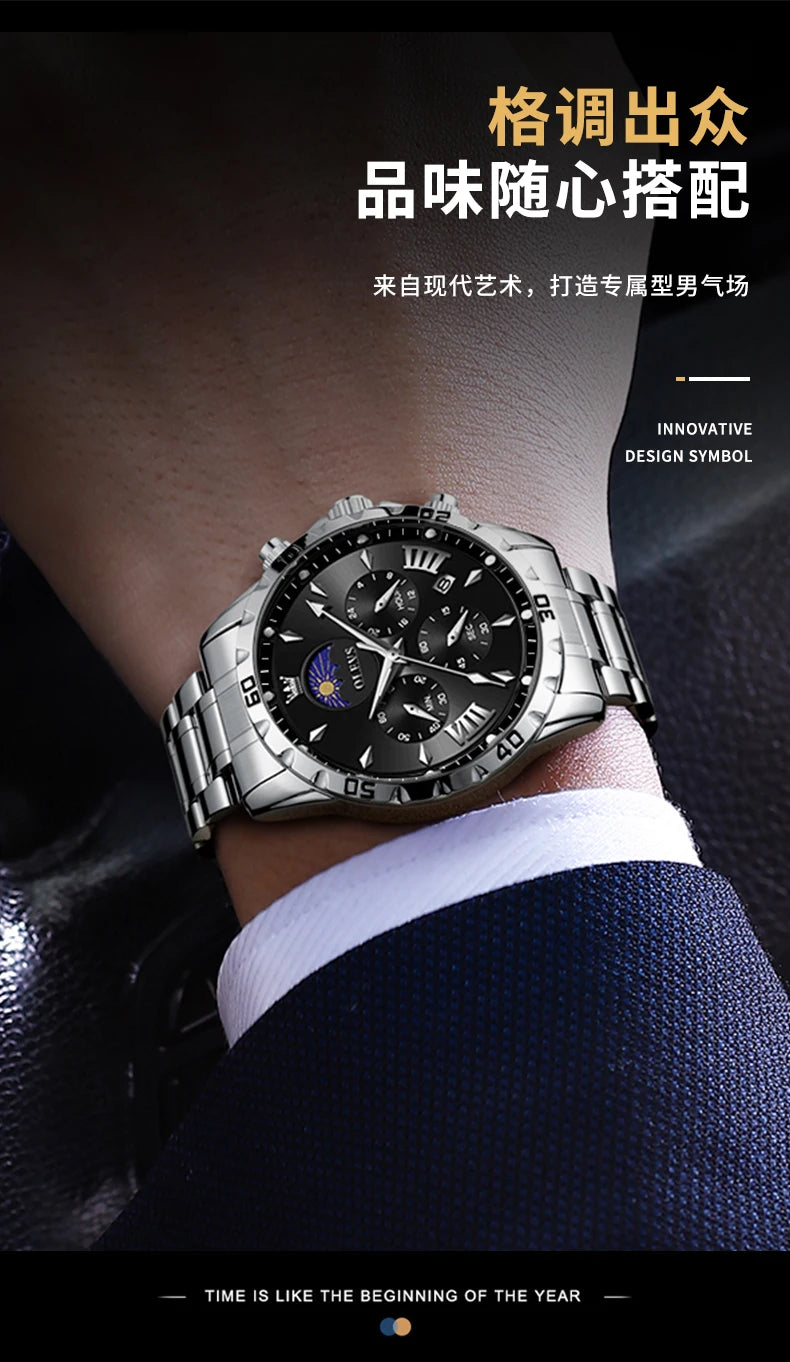 OLEVS Original Moon Phase Men Watches Luminous Skeleton Waterproof Quartz Watch Calendar Chronograph Stainless Steel Wristwatch