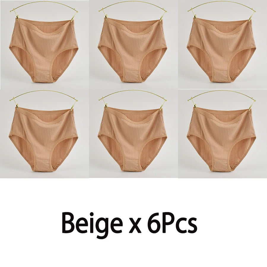 Women's High Waist Cotton Underwear Panties Striped Knitted Soft Breathable Underpants Intimate Lingerie Female Briefs Woman
