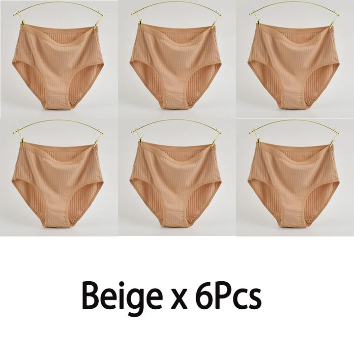 Women's High Waist Cotton Underwear Panties Striped Knitted Soft Breathable Underpants Intimate Lingerie Female Briefs Woman