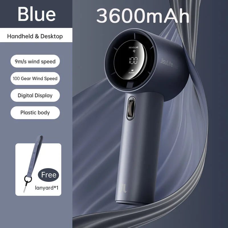 JISULIFE Mini Portable Hand Fan, 100 Wind Speeds, 5000mAh USB Battery Rechargeable, LED Digital Display, Travel,Camping,Outdoor