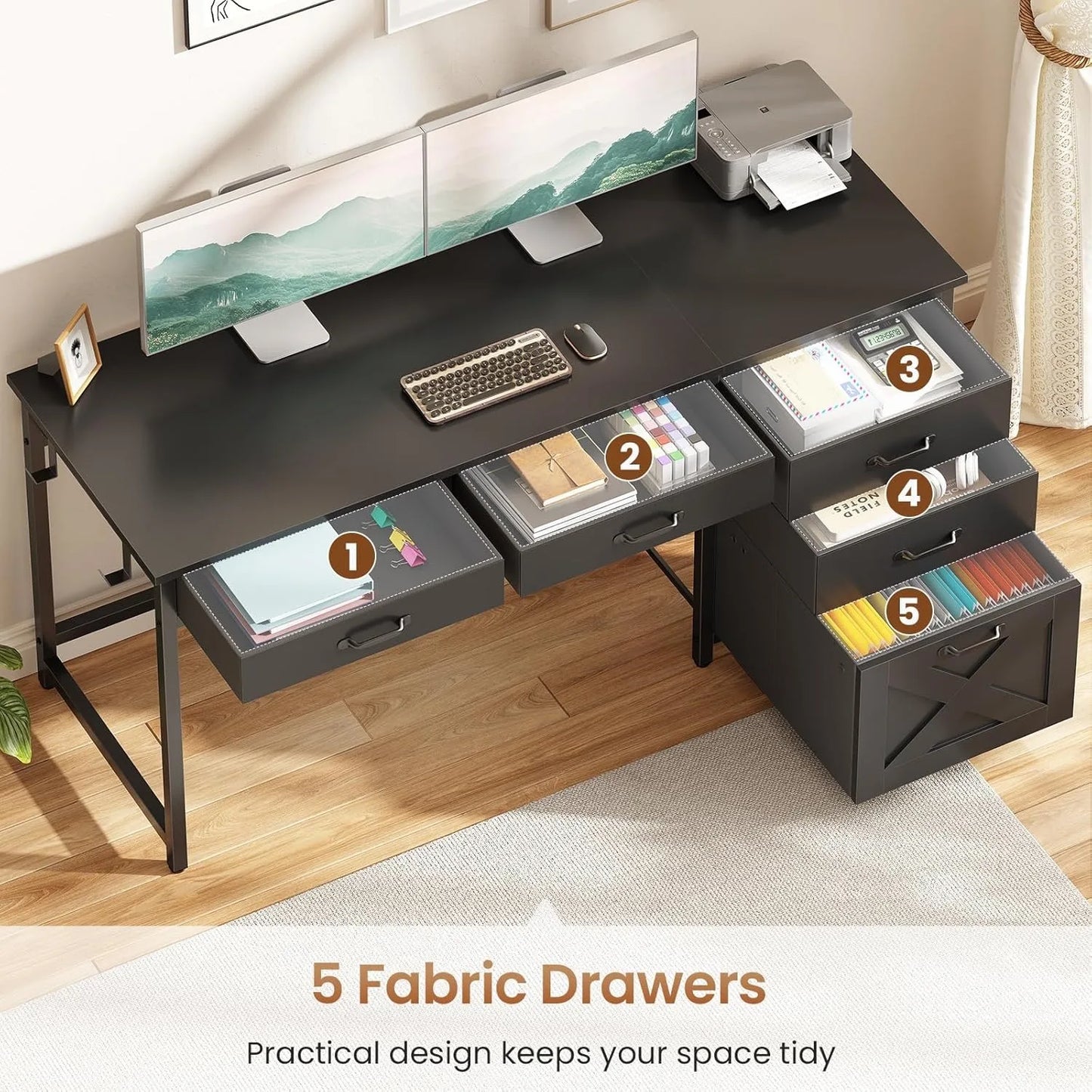Office Desk with 5 Fabric Drawers