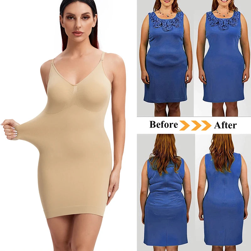 Sexy Full Slip Shapewear Women Dress V Neck Bodycon Underwear Smooth Compression Body Shaper Slimming Waist Abdomen Belly Corset