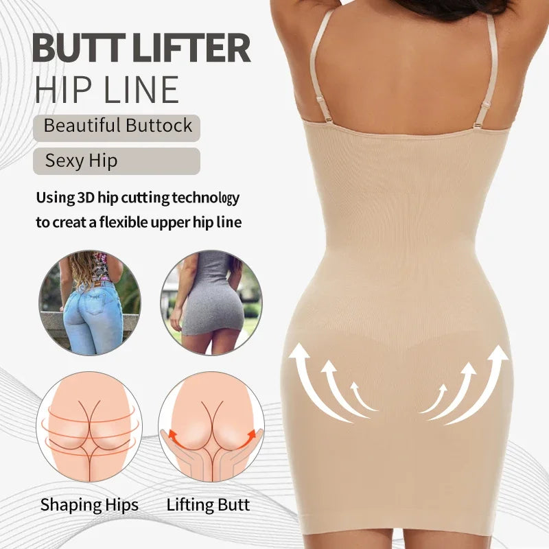 Women Shapewear Full Slip Tummy Control Crew Neck Cami Mini Under Dress Smooth Body Shaper New Spaghetti Straps Lingerie