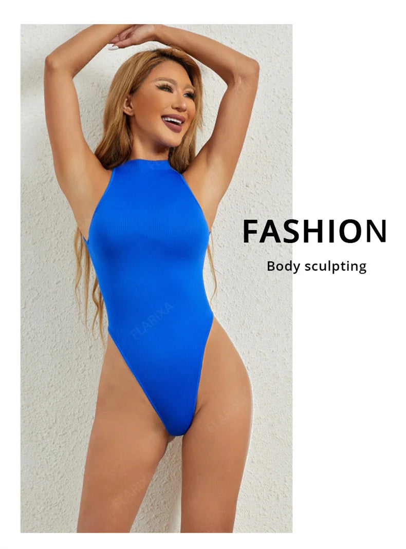 Flarixa Seamless Tummy Control Shapewear Women Thong Fajas Body Shaper High Collar Sleeveless Bodysuits Slimming Lingerie