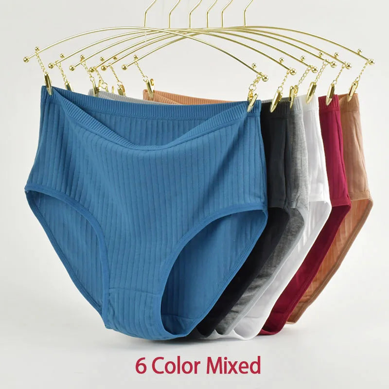 Women's High Waist Cotton Underwear Panties Striped Knitted Soft Breathable Underpants Intimate Lingerie Female Briefs Woman