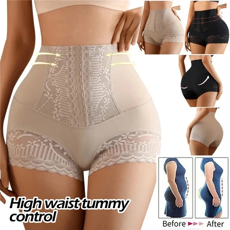 Women High Waist Control Panties Seamless Shapewear Briefs With Lace Slimming Shorts Flat Belly Shaping Postpartum Underwear