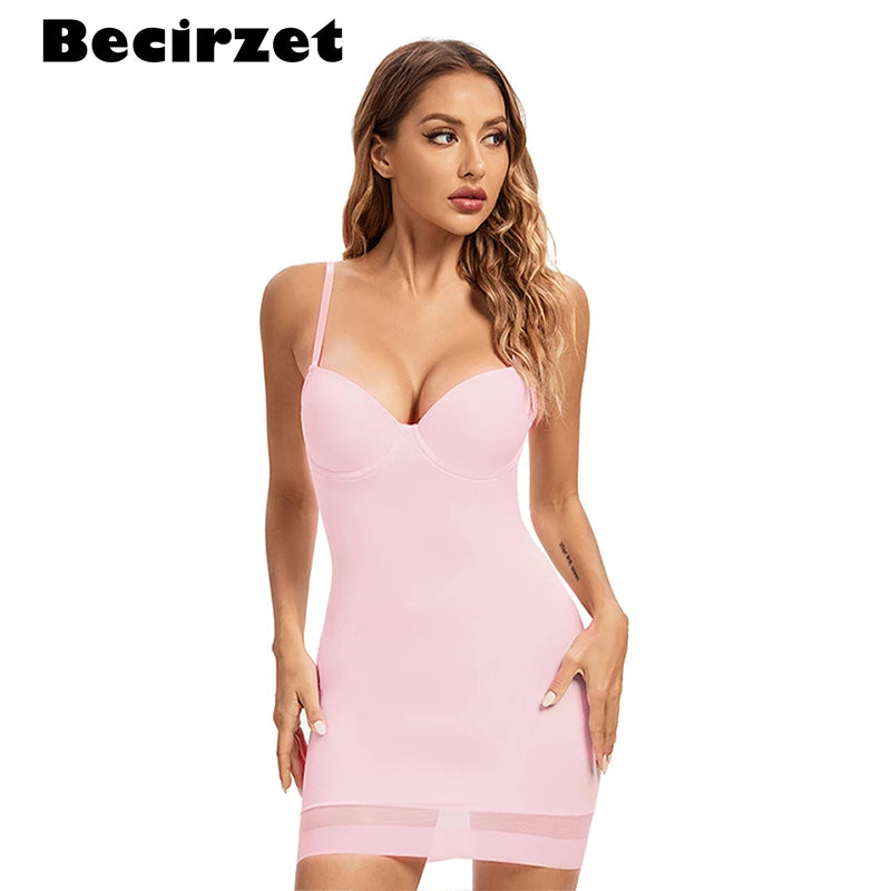 S-XXL Size Full Length Control Slips Women Shapewear Underwear Dress With Underwire Cup Body Shapers Black Beige