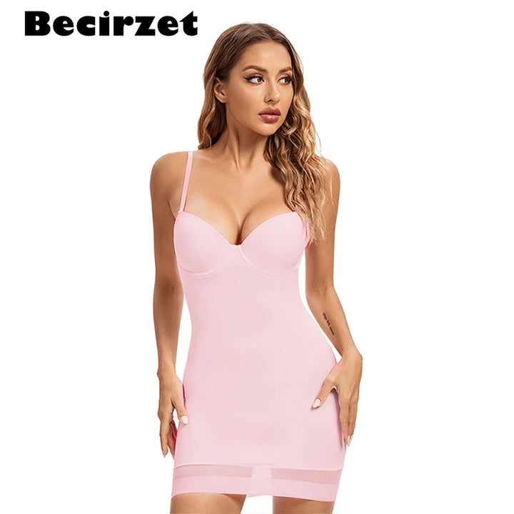 S-XXL Size Full Length Control Slips Women Shapewear Underwear Dress With Underwire Cup Body Shapers Black Beige