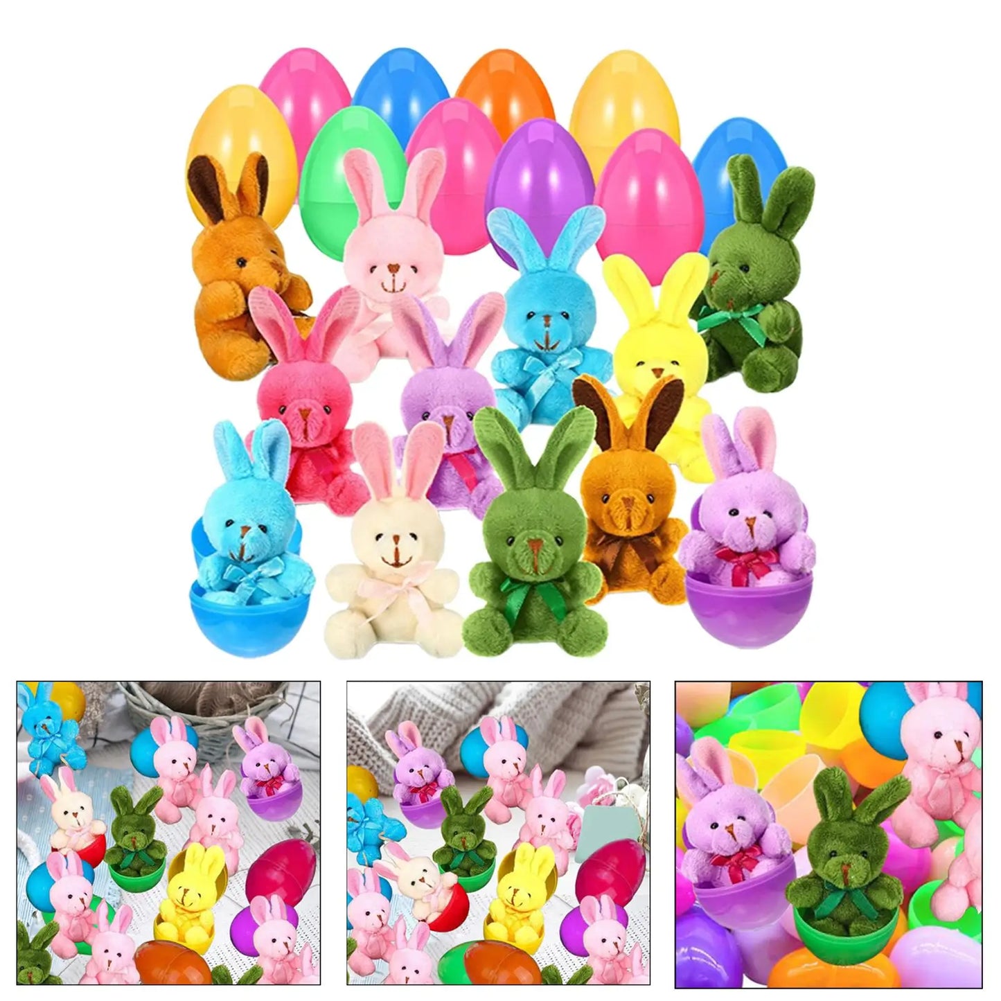 12Pcs Prefilled Easter Eggs with Plush Bunny Toys Gift Stuffed Animals Rabbits for Carnival Prizes Kids Classroom Rewards Adults