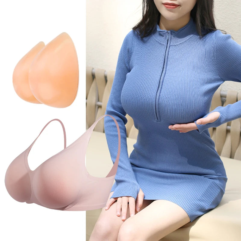 Large 2 In 1 Silicone Breast Pocket Bra Underwear Small Chest Becoming a Big Chest Pad Simulation Cartoon Chest Seamless
