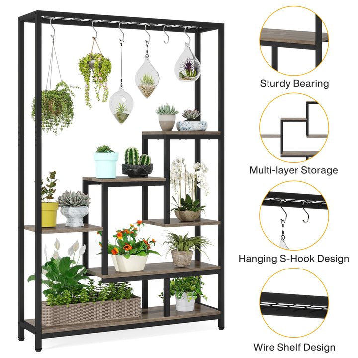 Tribesigns 5 Tiers Tall Indoor Plant Stand 70.9 inches Large Metal Plant Shelf with 10 PC S Hanging Hooks for Garden