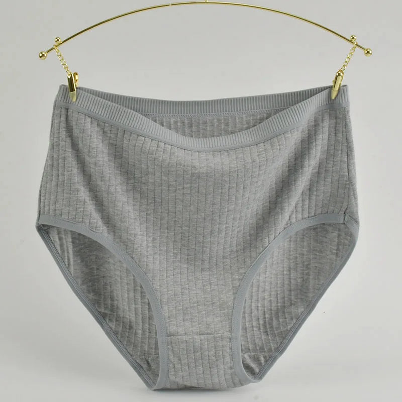 Women's High Waist Cotton Underwear Panties Striped Knitted Soft Breathable Underpants Intimate Lingerie Female Briefs Woman