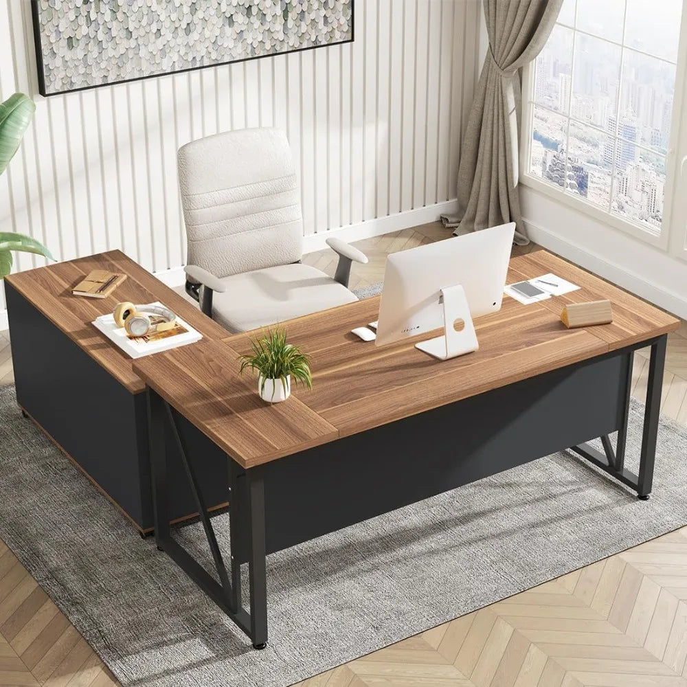 Executive L-Shaped Office Desk with File Cabinet