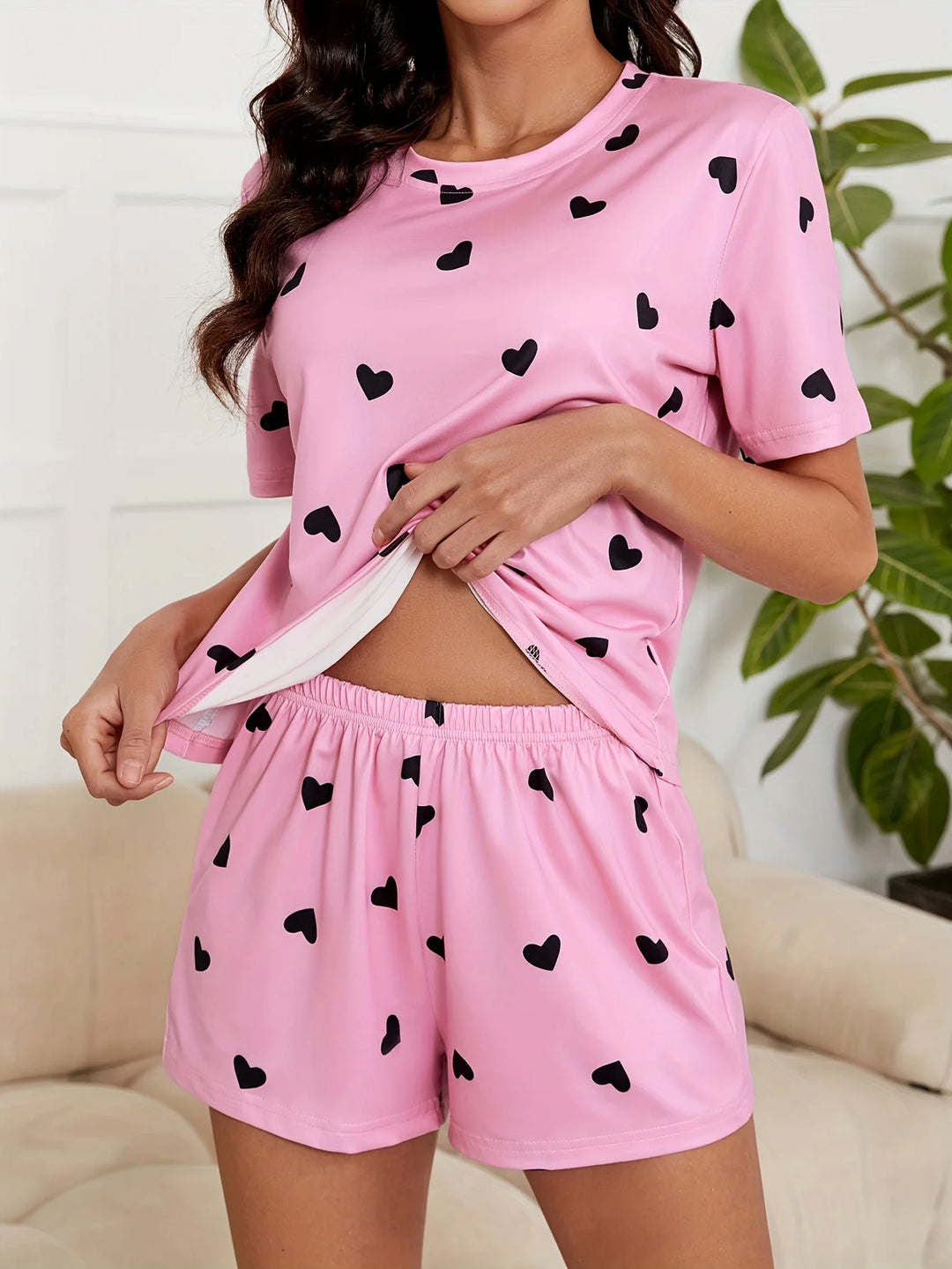 Summer New Heart Print Knit Pajama Set, Loose And Comfortable, Fashionable And Soft Short Sleeve Shorts Home Wear Two-piece Set