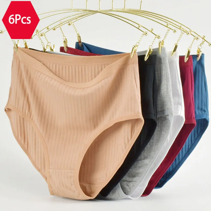 Women's High Waist Cotton Underwear Panties Striped Knitted Soft Breathable Underpants Intimate Lingerie Female Briefs Woman