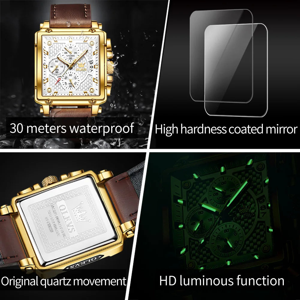 OLEVS Men's Top Brand Square Quality Quartz Wristwatch Chronograph Waterproof Original Watch for Man Luminous Date Luxury