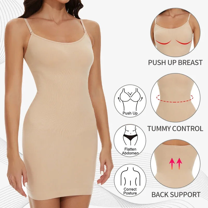 Women Shapewear Full Slip Tummy Control Crew Neck Cami Mini Under Dress Smooth Body Shaper New Spaghetti Straps Lingerie