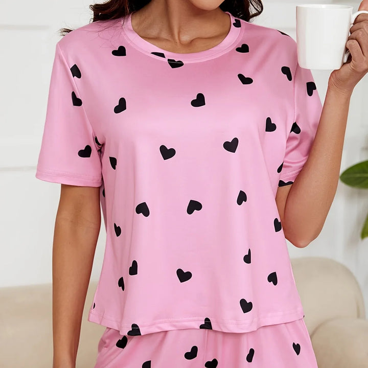 Summer New Heart Print Knit Pajama Set, Loose And Comfortable, Fashionable And Soft Short Sleeve Shorts Home Wear Two-piece Set