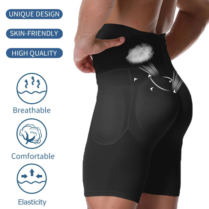 Men High Waisted Tummy Control Shorts Shapewear Slimming Training Body Shaper Girdle Compression Padded Underwear Boxer Briefs
