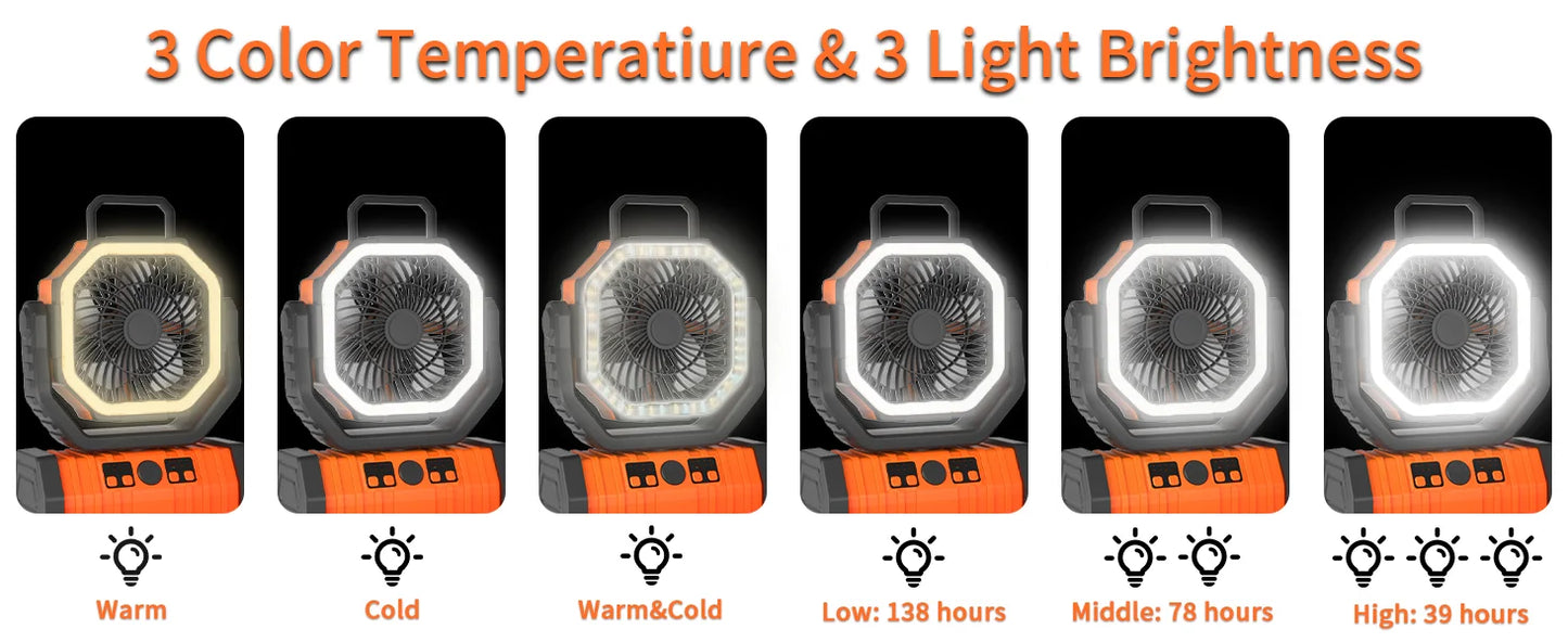 20000mAh High-Capacity Battery LED Light Camping Fan Movable Wireless Air Circulators Outdoor Ventilador with Hook