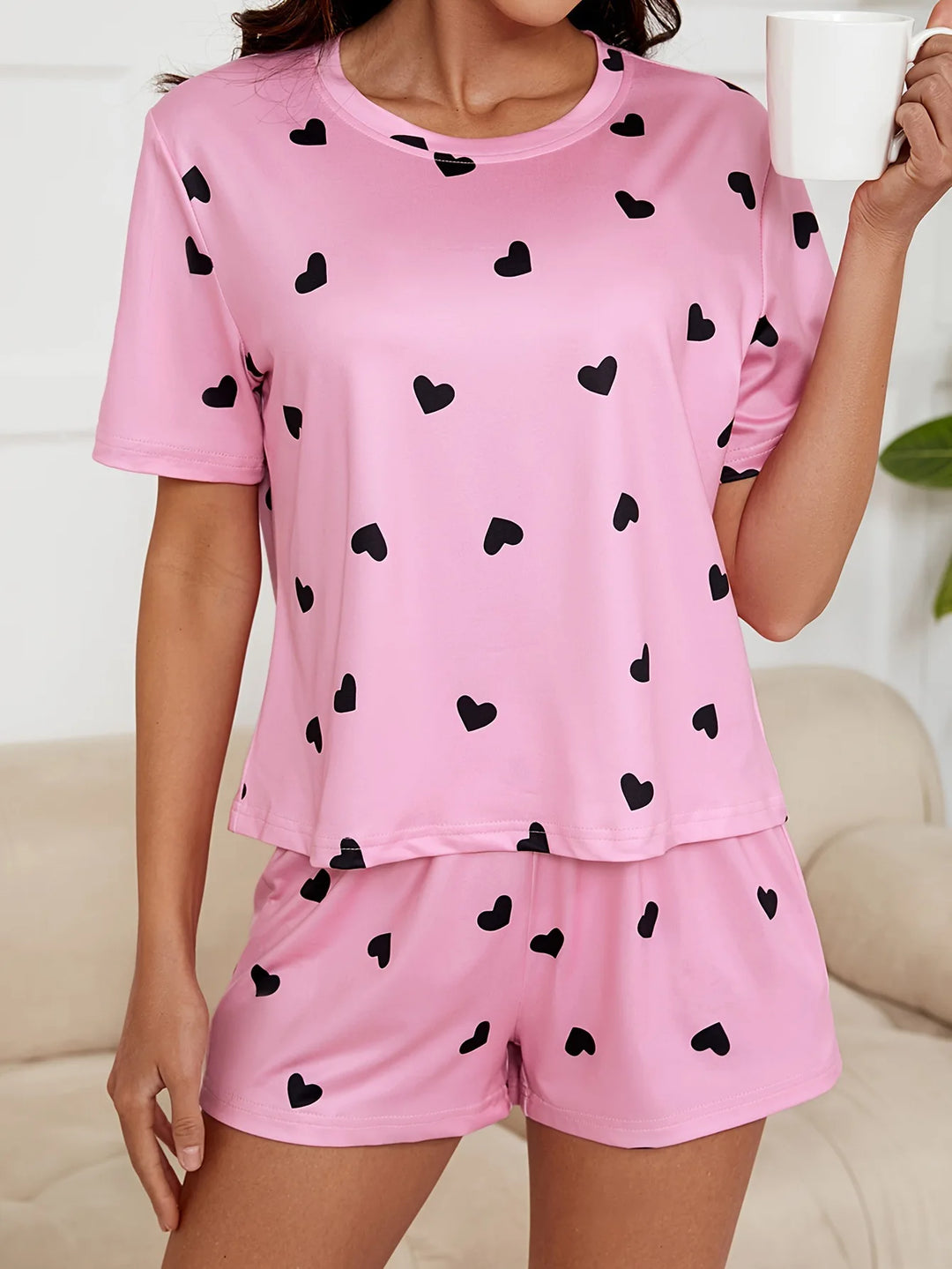 Summer New Heart Print Knit Pajama Set, Loose And Comfortable, Fashionable And Soft Short Sleeve Shorts Home Wear Two-piece Set