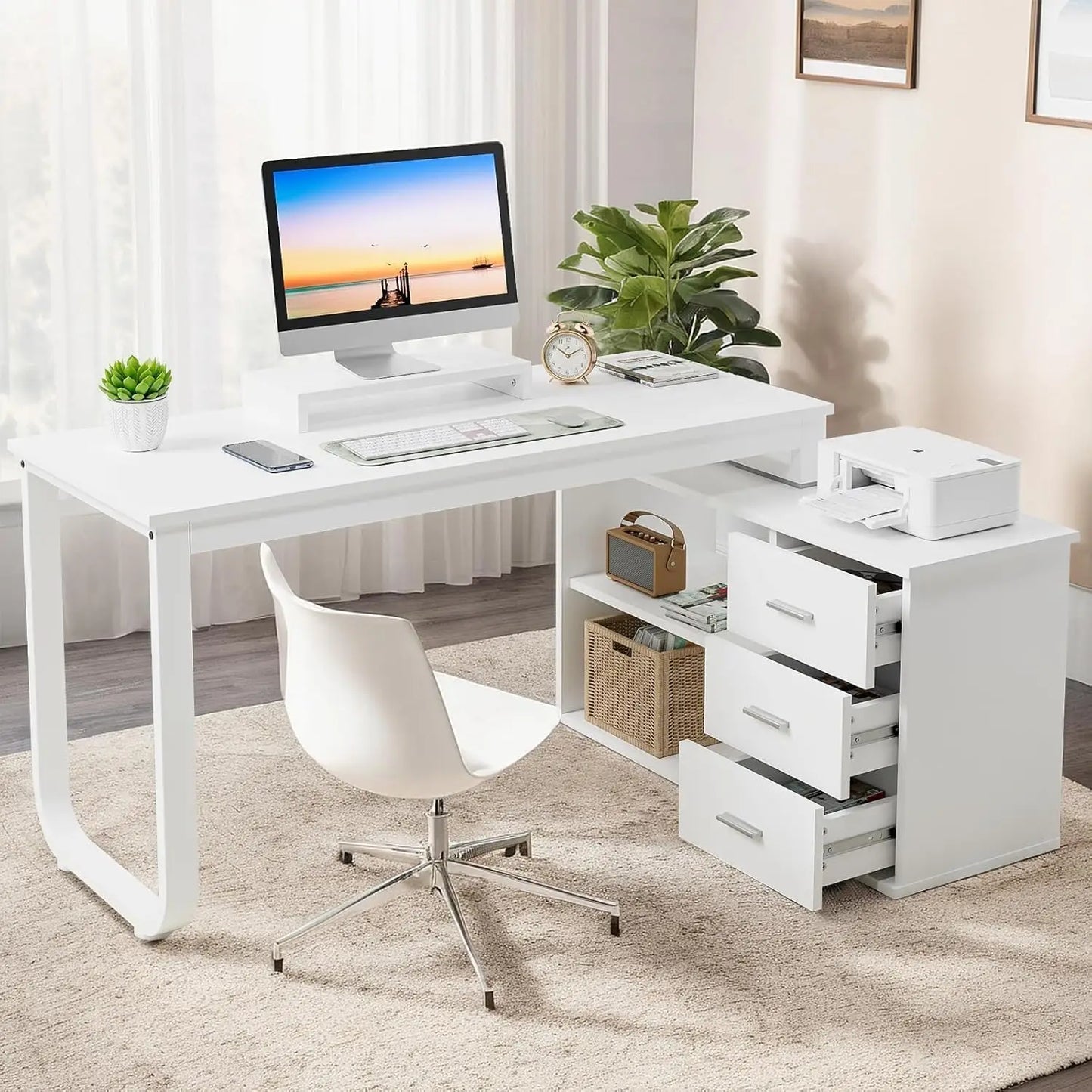 L-Shaped Office Desk with Drawers