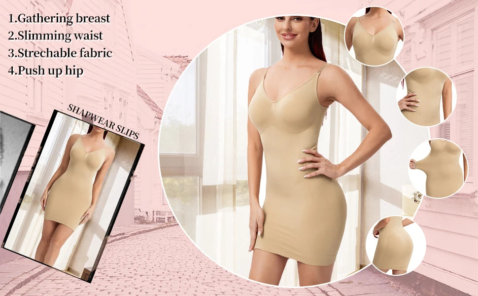 Sexy Full Slip Shapewear Women Dress V Neck Bodycon Underwear Smooth Compression Body Shaper Slimming Waist Abdomen Belly Corset