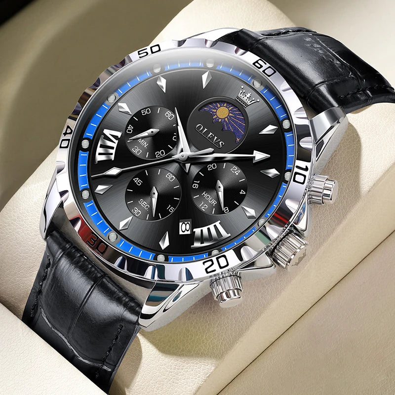 OLEVS Original Moon Phase Men Watches Luminous Skeleton Waterproof Quartz Watch Calendar Chronograph Stainless Steel Wristwatch