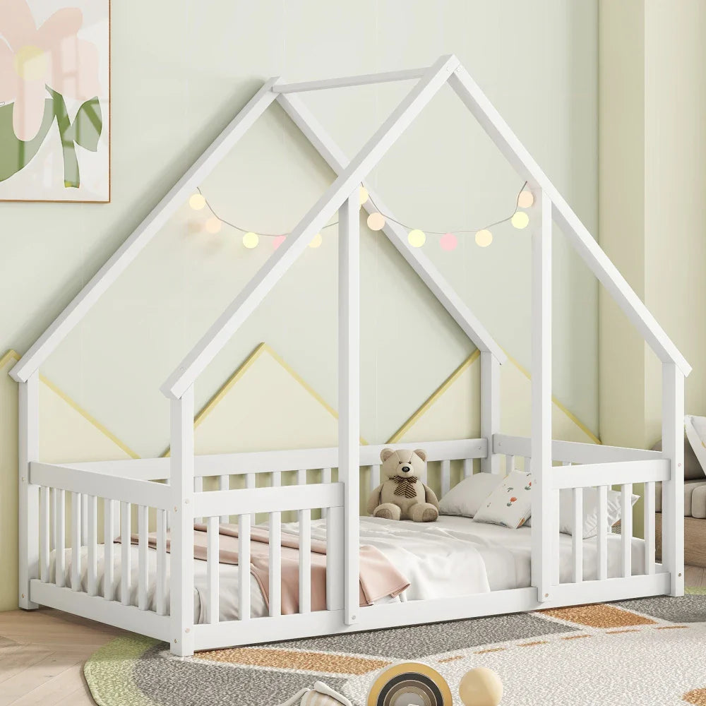 Twin House Floor Bed with Fence