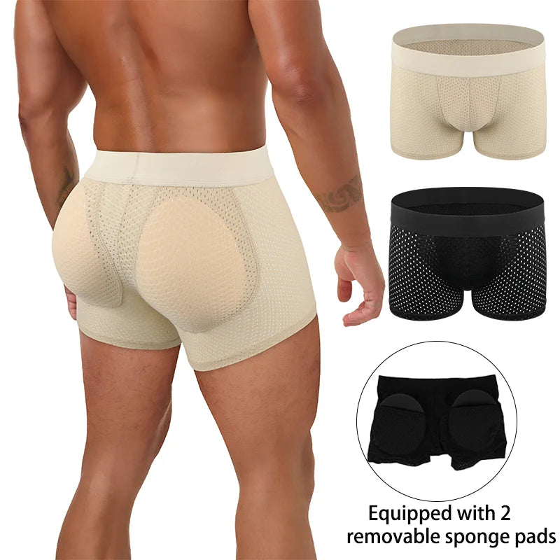 Men's Sexy Boxer Fake Butt Hip Lifter Enhancer Short Removable Padded Underwear Soft Shapewear High Stretch Underpant Mesh Brief