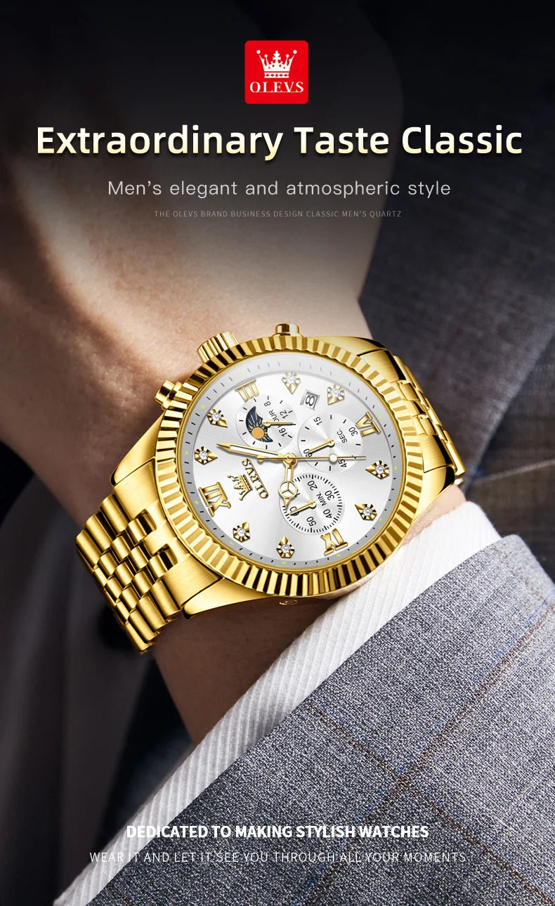 OLEVS New Original Quartz Men's Watches Moon Phase Waterproof Calendar Stainless steel Watch for Men Luminous Luxury Brand Watch
