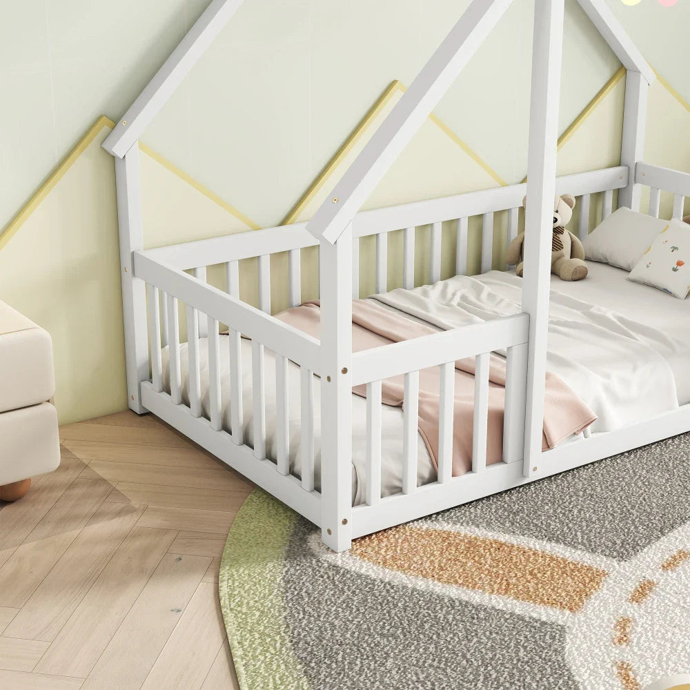Twin House Floor Bed with Fence