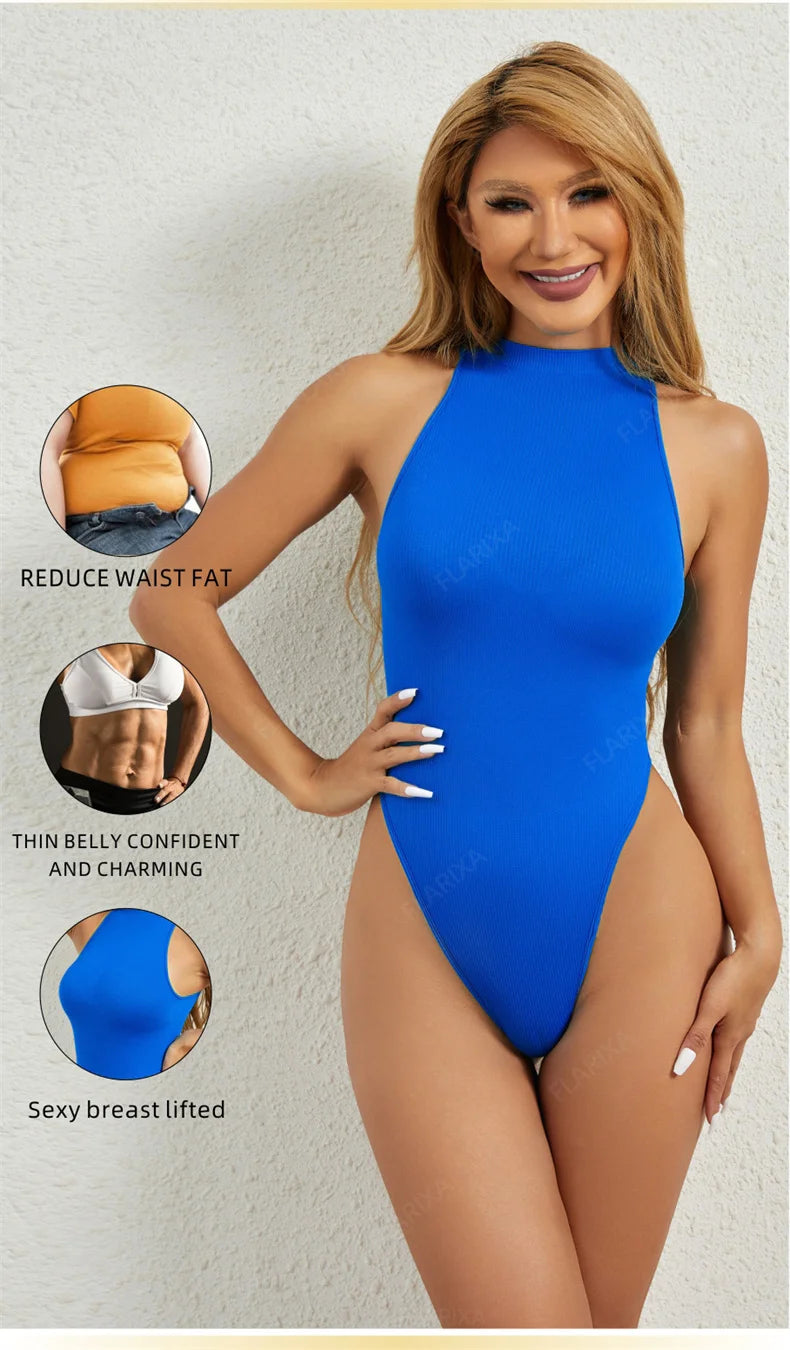 Flarixa Seamless Tummy Control Shapewear Women Thong Fajas Body Shaper High Collar Sleeveless Bodysuits Slimming Lingerie