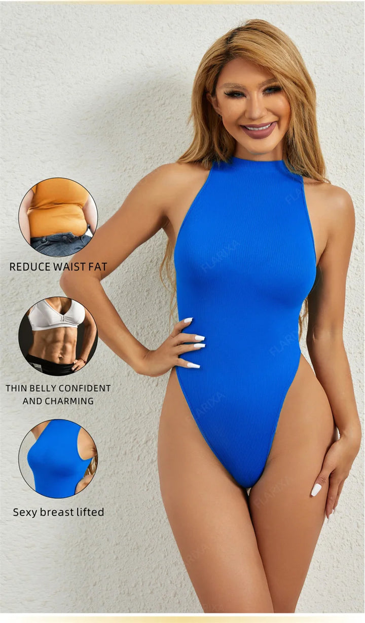 Flarixa Seamless Tummy Control Shapewear Women Thong Fajas Body Shaper High Collar Sleeveless Bodysuits Slimming Lingerie