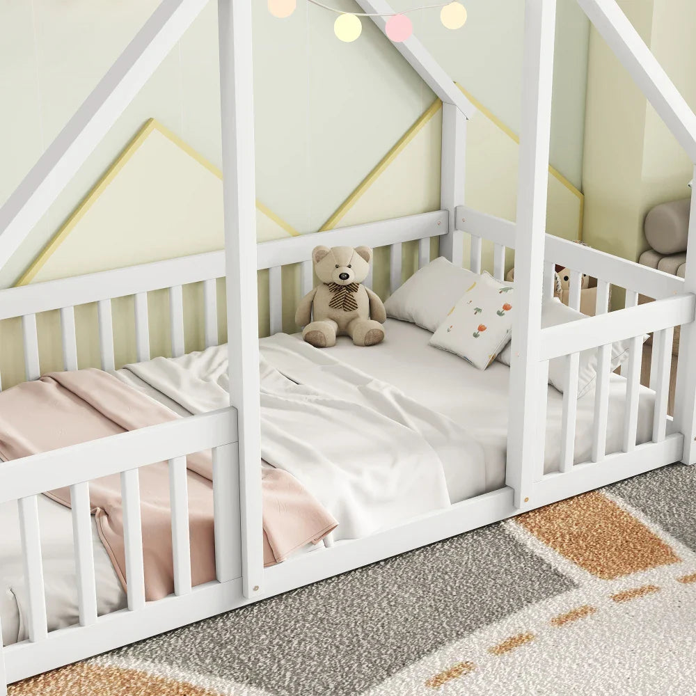 Twin House Floor Bed with Fence