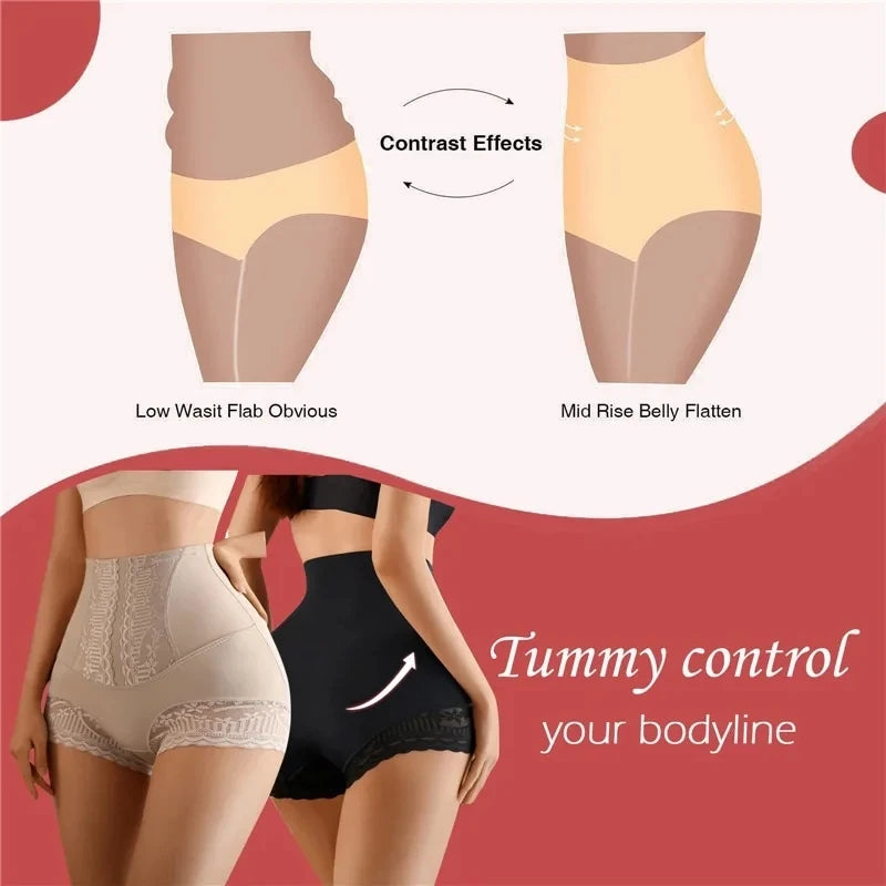 Women High Waist Control Panties Seamless Shapewear Briefs With Lace Slimming Shorts Flat Belly Shaping Postpartum Underwear