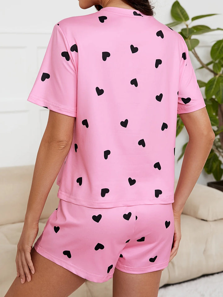 Summer New Heart Print Knit Pajama Set, Loose And Comfortable, Fashionable And Soft Short Sleeve Shorts Home Wear Two-piece Set