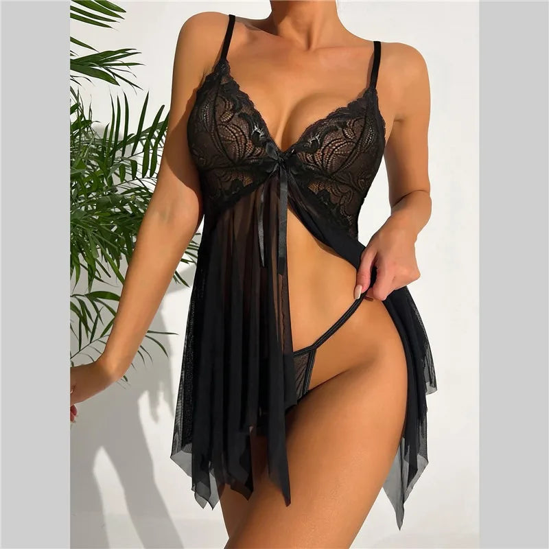 Summer Sling Women Pajamas Dress Temptation Sexy Lingerie Lace Tight Corset Babydolls Transparent Erotic Sleepwear Underwear Set