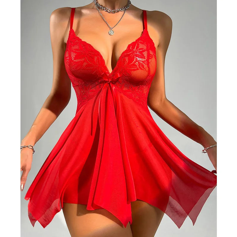 Summer Sling Women Pajamas Dress Temptation Sexy Lingerie Lace Tight Corset Babydolls Transparent Erotic Sleepwear Underwear Set