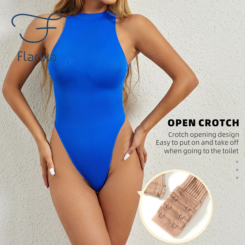Flarixa Seamless Tummy Control Shapewear Women Thong Fajas Body Shaper High Collar Sleeveless Bodysuits Slimming Lingerie