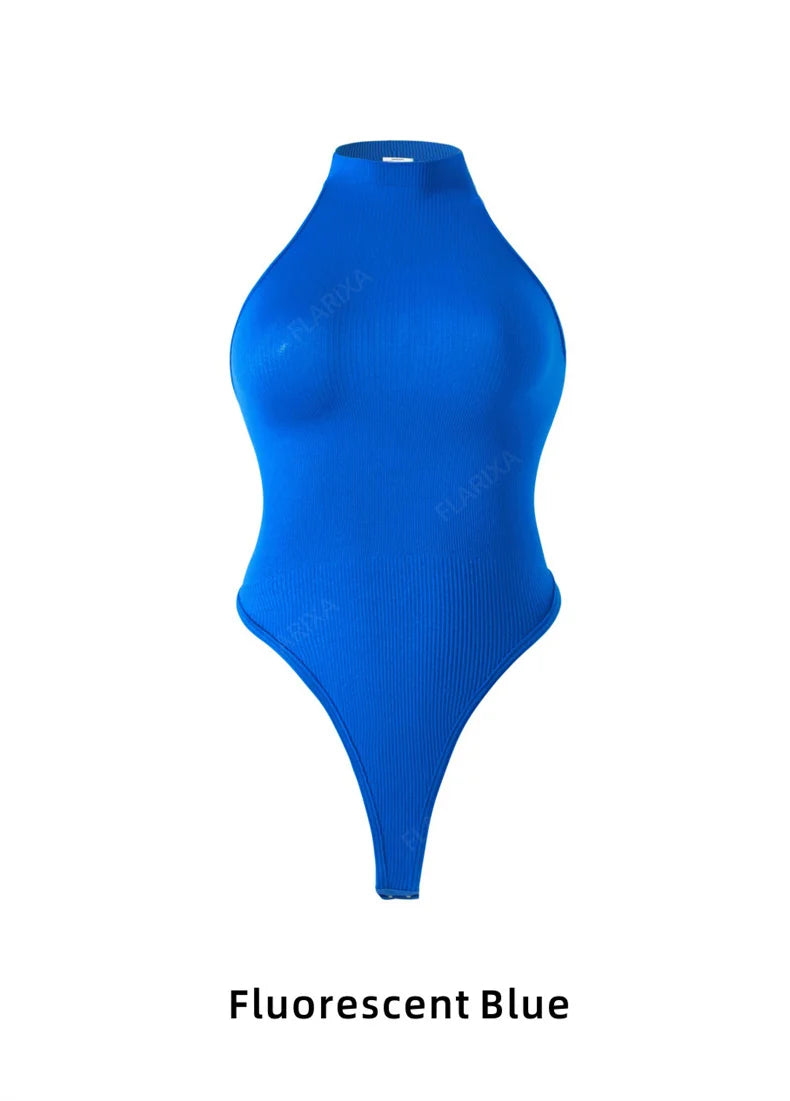 Flarixa Seamless Tummy Control Shapewear Women Thong Fajas Body Shaper High Collar Sleeveless Bodysuits Slimming Lingerie