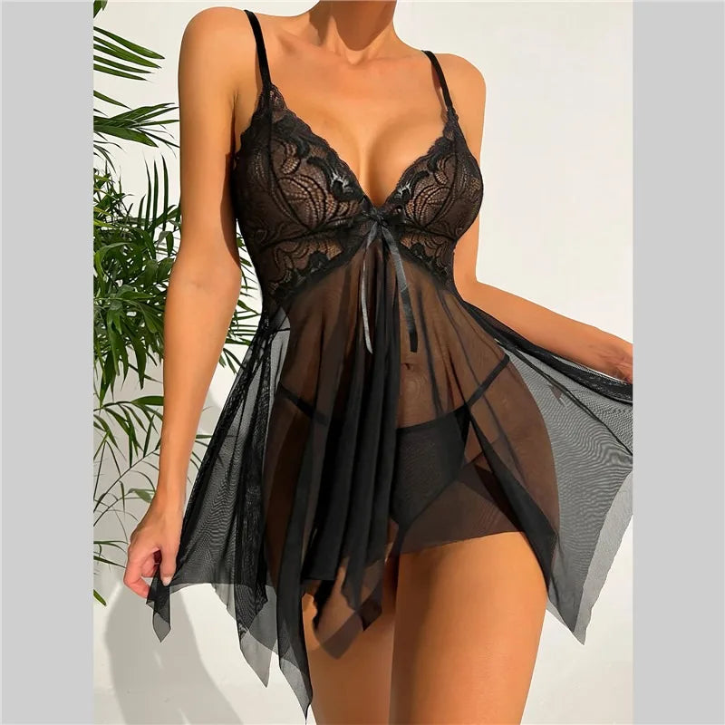 Summer Sling Women Pajamas Dress Temptation Sexy Lingerie Lace Tight Corset Babydolls Transparent Erotic Sleepwear Underwear Set