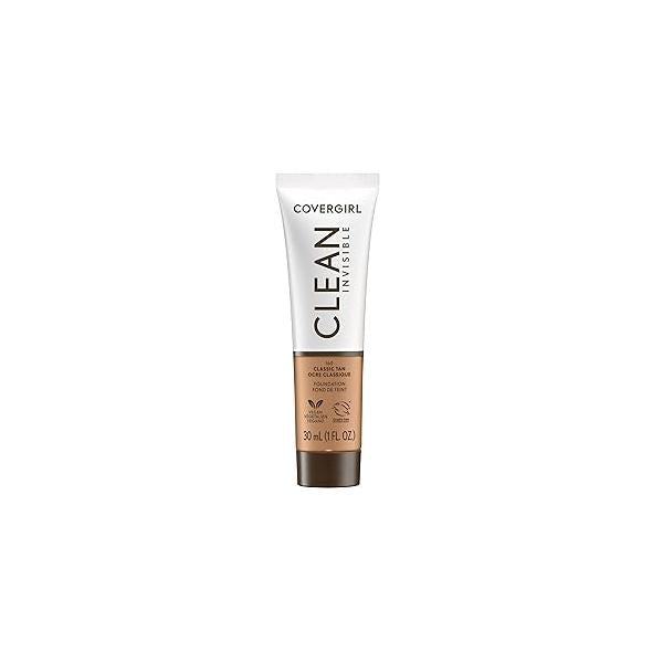 COVERGIRL Clean Invisible Foundation Makeup, Dewy & Glowy Natural Finish, Buildable Coverage, Skin-Like Smooth Look, Vegan, Classic Tan, 1oz