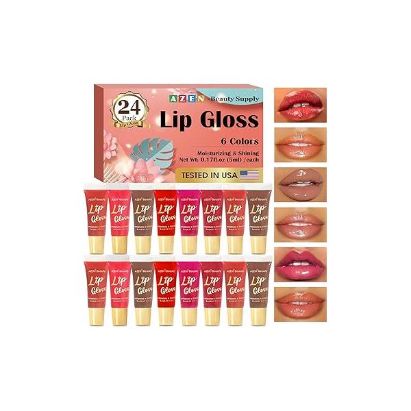 AZEN 24 Pack Lip Gloss Set, Color Oil for Dry Cracked Lips Moisturizing Hydrating Nourishing with Vitamin E