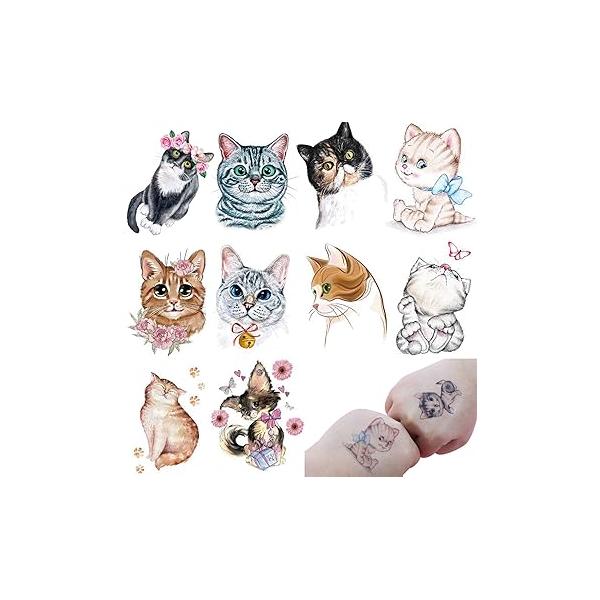 10 Small Sheets Temporary Cat Cartoon Body Art Kids Tattoo Waterproof Tattoos for Boys Girls Cute Kid Goody Bag Stuffers Party Fillers