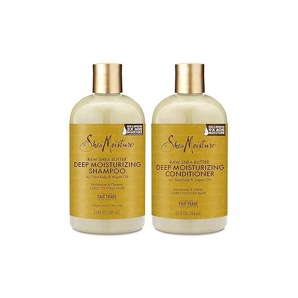 Shea Moisture Raw Butter Shampoo and Conditioner Set, Deep Moisturizing with Sea Kelp & Argan Oil, Sulfate Free Silicone Free, Curly Hair Products, Family Size, 13 Fl Oz (Pack of 2)