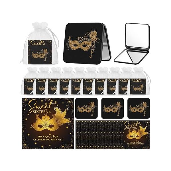 18 Set Masquerade Party Favors for Guests Sweet 16 Gifts Bulk Include Plastic Mask Design Compact Mirrors Thank You Cards Organza Bags Ball Decor Girls Quinceanera Birthday