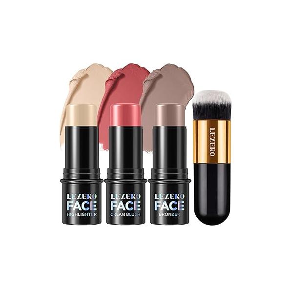 Lezero 3Pcs Contour Stick Makeup Kit, Shades with Highlighter, Blush and Bronzer Trio for Sculpt the Cheeks Body, Long Lasting, Smooth, Dewy & Matte Finish, LIGHT MEDIUM (02,05,06)