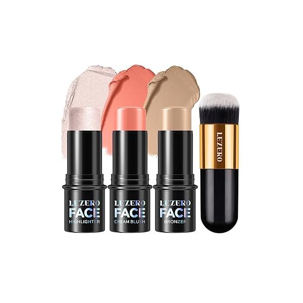 Lezero 3Pcs Contour Stick Makeup Kit, Shades with Highlighter, Blush and Bronzer Trio for Sculpt the Cheeks Body, Long Lasting, Smooth, Dewy & Matte Finish, LIGHT MEDIUM (02,05,06)