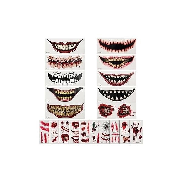 20 Sheets Realistic Waterproof Scary Big Mouth Face Sticker Tattoos - Make Up Stickers for Halloween Cosplay Decor